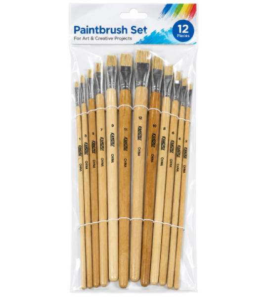 Flat Paintbrush Set with Wooden Handles – 12 Pieces